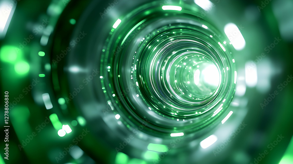 Poster a mesmerizing view of a tunnel-like structure made of glowing green elements, representing advanced 