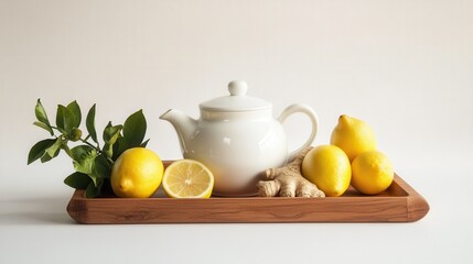 A teapot accompanied by fresh lemons and ginger is elegantly displayed on a wooden tray against a clean white background.