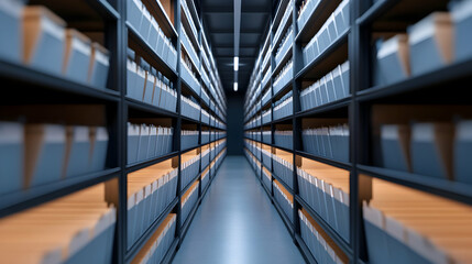 Fototapeta premium A modern archive storage area filled with neatly arranged file boxes on shelves, showcasing an organized and efficient space designed for information management and retrieval.