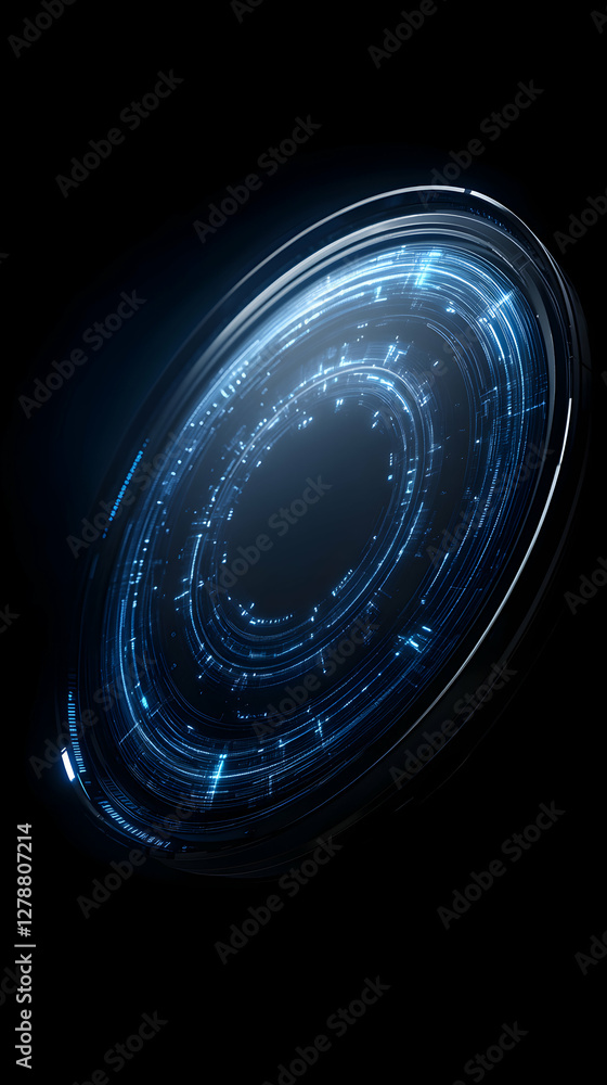 Poster a futuristic holographic interface with glowing blue circular patterns against a dark background. th
