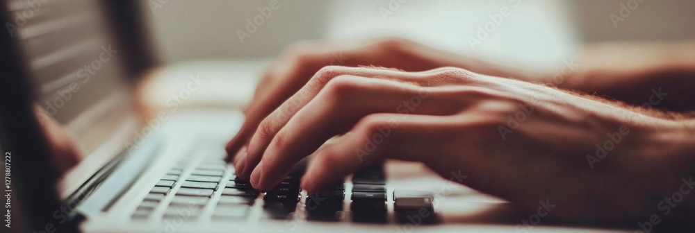 Poster contemporary workspace efficiency textured hands typing on sleek laptop with minimalist desk setup -