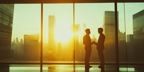 Fototapeta premium Business people talking at sunny highrise office window