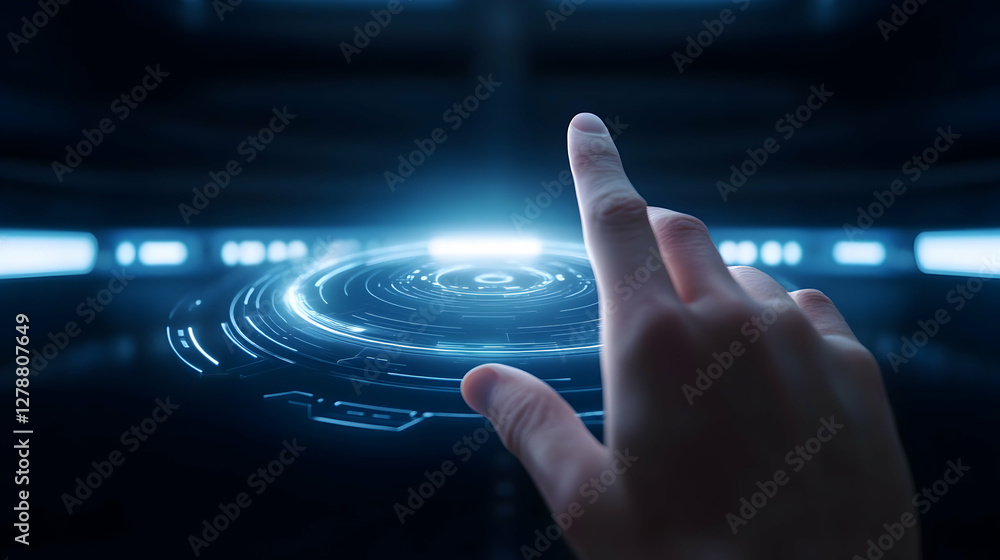 Poster a futuristic hand interacting with a glowing holographic interface, showcasing advanced technology a