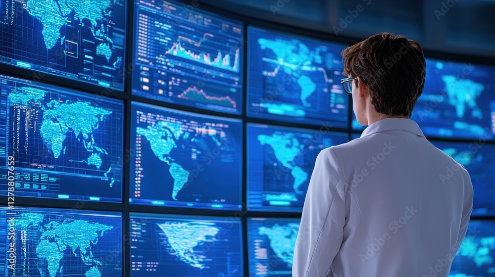 Poster a professional analyzing data on multiple screens, displaying maps and graphs, in a high-tech enviro