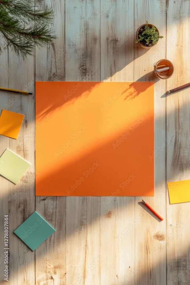 Poster contemporary collaborative hub vibrant orange workspace with sticky notes and writing tools - inspir