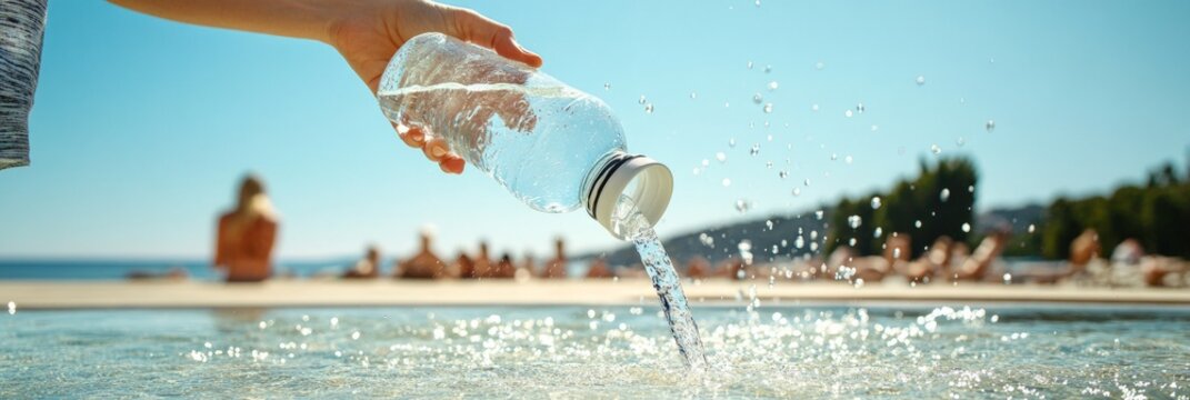 Hand pours liquid from bottle into sea, vertical photo
environmental protection scene, one hand of a person pours liquid from transparent bottle into the sea, concept of water pollution, water conserv