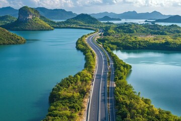 Winding road embraces lush greenery and tranquil waters under br