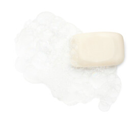 Soap with foam on white background, top view