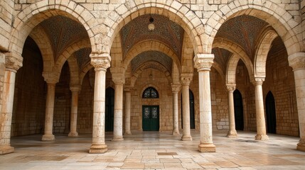 Fototapeta premium A spacious interior features a prominent green door and numerous supporting pillars, creating an impressive architectural environment.