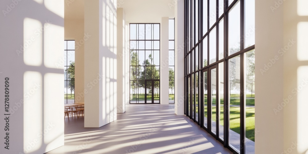 Aufkleber open layout sunlit office contemporary minimalist workspace with tall windows and natural light - bu