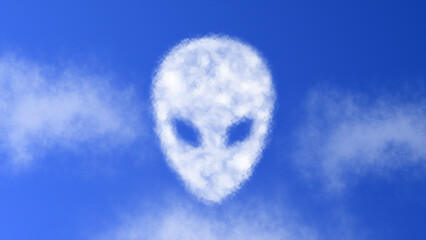 An alien gray head sign or icon with a cloud effect symbol on a bright blue sky, representing extraterrestrial life and the unknown