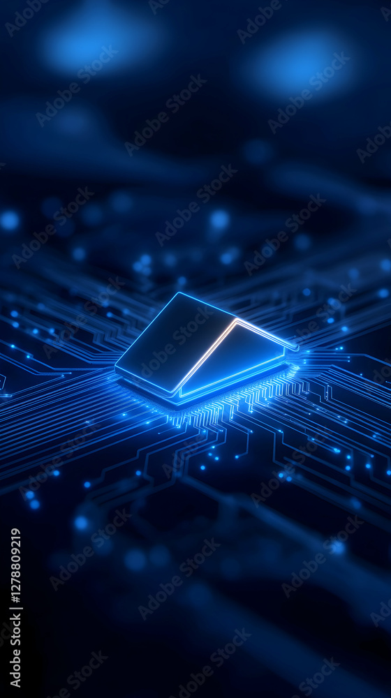 Poster a futuristic digital circuit board featuring a blue glowing microchip, illustrating advanced technol