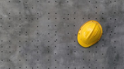 Top view of a yellow hard hat sitting on a perforated steel sheet, industrial background.