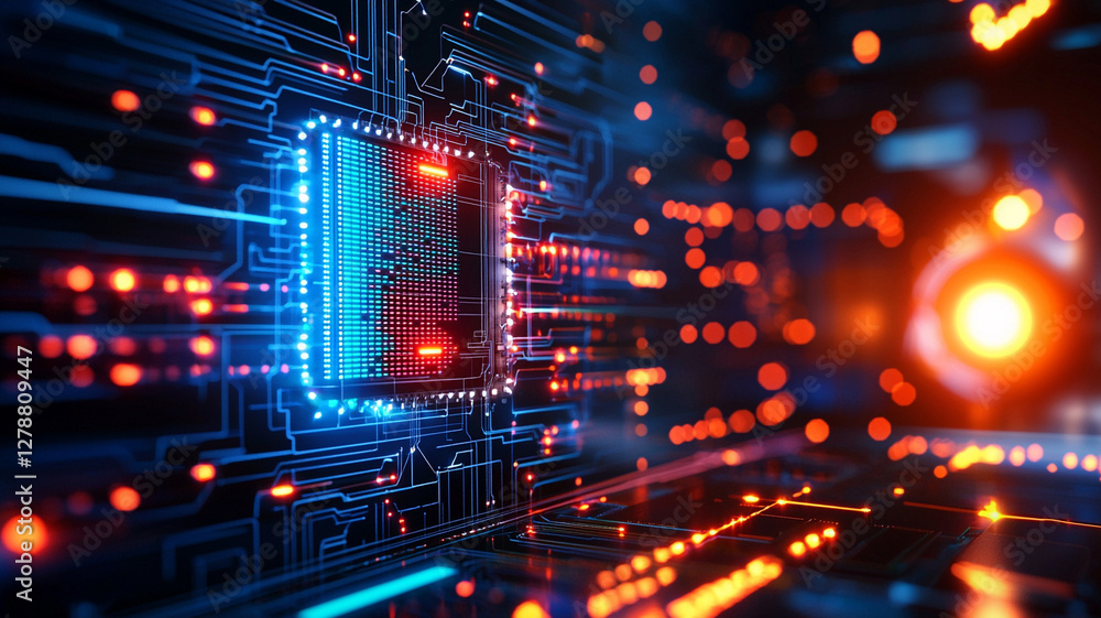 Poster futuristic illumination of a circuit board with glowing blue and red components in a high-tech setti