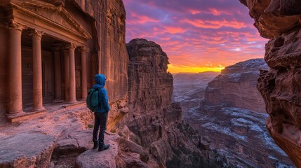 Aerial view of an individual on a rocky ledge, gazing at a vast canyon landscape, capturing the beauty of nature and adventure.