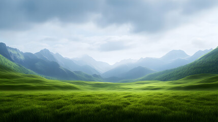 Fototapeta premium A serene landscape featuring lush green fields and majestic mountains under a cloudy sky, perfect for nature lovers and those seeking tranquility.