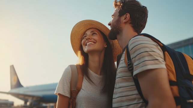 A couple poses joyfully in front of an airplane at the airport, capturing a moment of adventure and excitement in their travel journey.