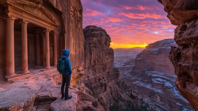 Aerial view of an individual on a rocky ledge, gazing at a vast canyon landscape, capturing the beauty of nature and adventure.