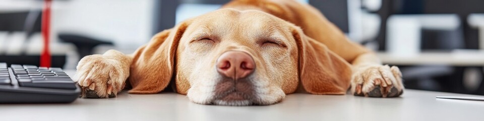 Modern Workspace Companion Cozy Canine with Relaxed Posture on Minimalist Desk - Enhancing Office Wellbeing and Digital Engagement Through Humor and Emotional Support