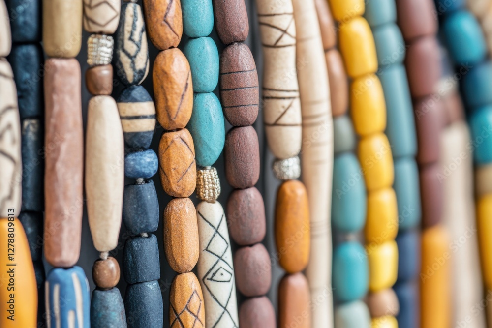 Poster vibrant geometric bead designs showcasing intricate patterns and textures in a close-up view
