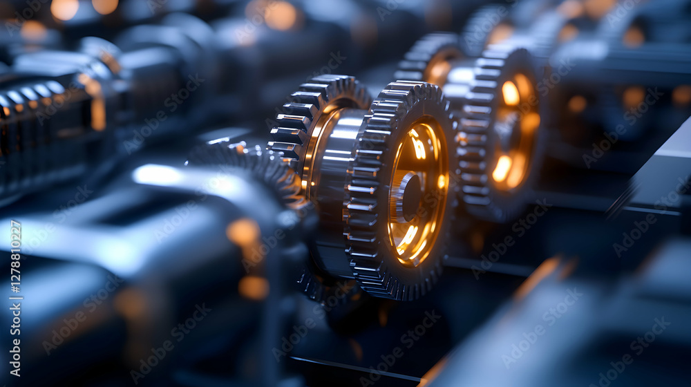 Poster close-up view of intricate gears with glowing edges, showcasing the beauty of mechanical engineering