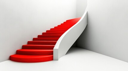 Curved red staircase leading upward in a minimalist white interior with soft lighting