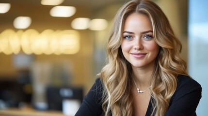 Obraz premium A blonde woman with long wavy hair and striking blue eyes is wearing a stylish black top, exuding confidence and elegance.