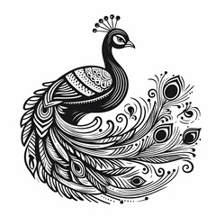 Fototapeta premium Black-and-white line art sketch of an elegant peafowl for children's coloring book