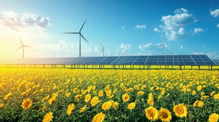 A vibrant close-up of sunflowers swaying gently, with towering wind turbines standing majestically in the background, symbolizing renewable energy harmony.