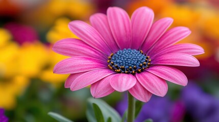 Obraz premium A vibrant pink flower features a striking blue center, elegantly framed by a mix of yellow and purple blossoms in a lush garden setting.