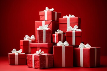 Festive pyramid of red Christmas gift boxes with white ribbons. Ideal for holiday greetings, New Year promotions, and seasonal marketing with ample copy space.