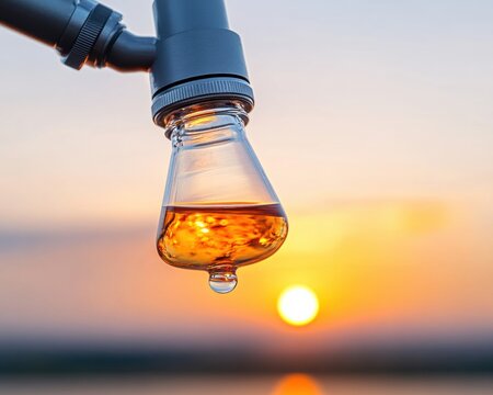 Sunset-Lit Laboratory with Glass Flasks Breathtaking Marine Chemistry Experiment for Scientific Visualization and Commercial Research Marketing in Coastal Environmental Studies