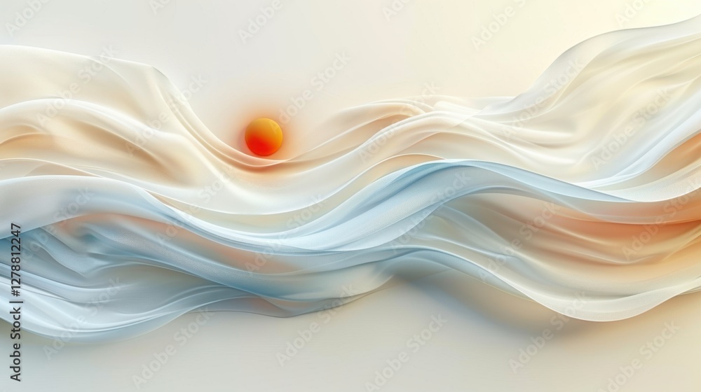 Poster a serene abstract representation of flowing fabric with a warm sunlit orb in the background