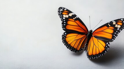 Obraz premium Striking monarch butterfly perched elegantly on a smooth white surface, showcasing its beautiful wings