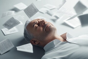 Obraz premium Man relaxing with papers floating around him in a serene environment