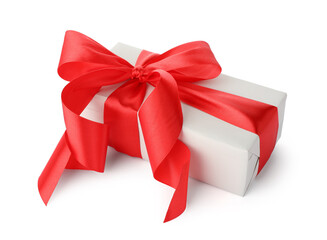 Gift box with red bow isolated on white
