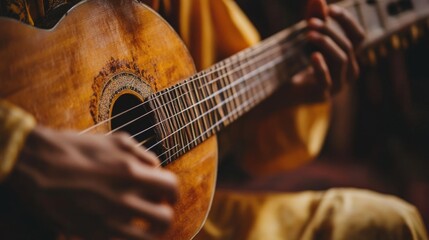 Fototapeta premium A musician passionately playing a vintage guitar in a cozy, dimly lit room, surrounded by rich textures