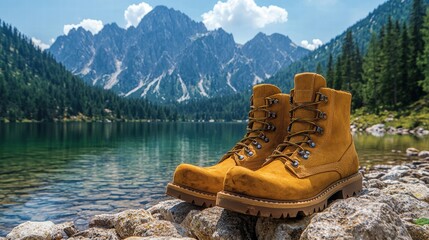 A pair of bright yellow boots resting on a rock by a serene lake surrounded by natures beauty