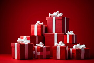Festive red gift boxes pyramid for Christmas and New Year greetings. Glossy presents with white ribbons on red backdrop. Copy space for holiday messages and branding.