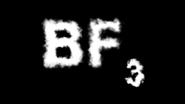A BF₃ (boron trifluoride) molecule symbol with a smoke cloud text effect on a black background, representing its chemical properties and industrial applications