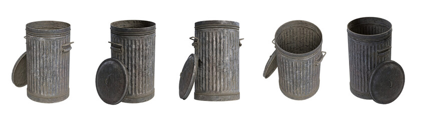 5 old iron garbage cans
