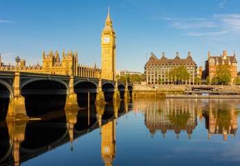 Big Ben, Westminster bridge and Victoria embankment in London, UK