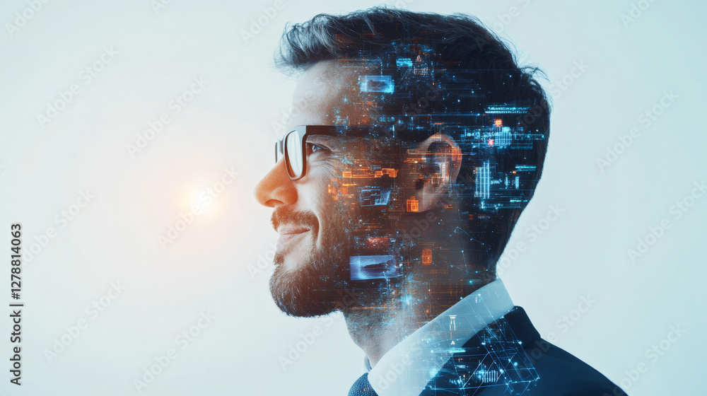 Leinwandbilder Side view portrait of smiling businessman wearing eyeglasses with digital hologram of computer code representing artificial intelligence and machine learning