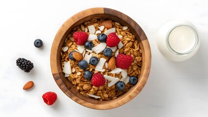 plant-based breakfast + granola + homemade A wooden bowl filled with granola, berries, and coconut, alongside a glass of milk.