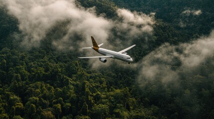 Arafplane soars above a lush forest, framed by a fluffy cloud in a clear blue sky, showcasing the beauty of nature and aviation in harmony.