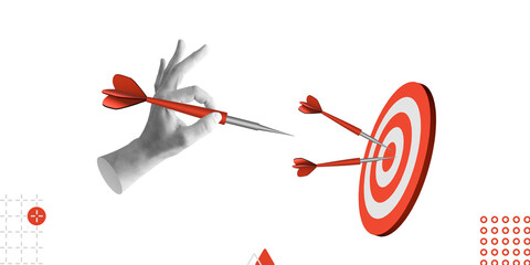 Precision and goals, success and accuracy concept. Hand holding dart aiming at target. Minimalist...