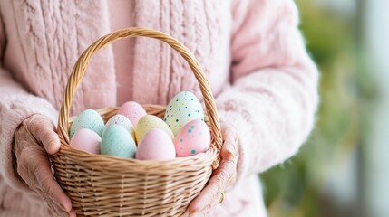 A joyful grandma holds a basket filled with colorful Easter eggs while smiling gently. The soft pastel colors and blurred spring background create a warm festive atmosphere perfect for the holiday