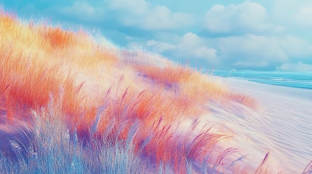 A digital oil painting of the dunes at Cannon Beach, Oregon, with tall grass and mountains in the background, a sunset, long exposure, watercolor-like effects, beautiful