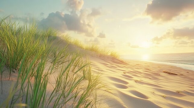 A digital oil painting of the dunes at Cannon Beach, Oregon, with tall grass and mountains in the background, a sunset, long exposure, watercolor-like effects, beautiful