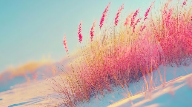 A digital oil painting of the dunes at Cannon Beach, Oregon, with tall grass and mountains in the background, a sunset, long exposure, watercolor-like effects, beautiful